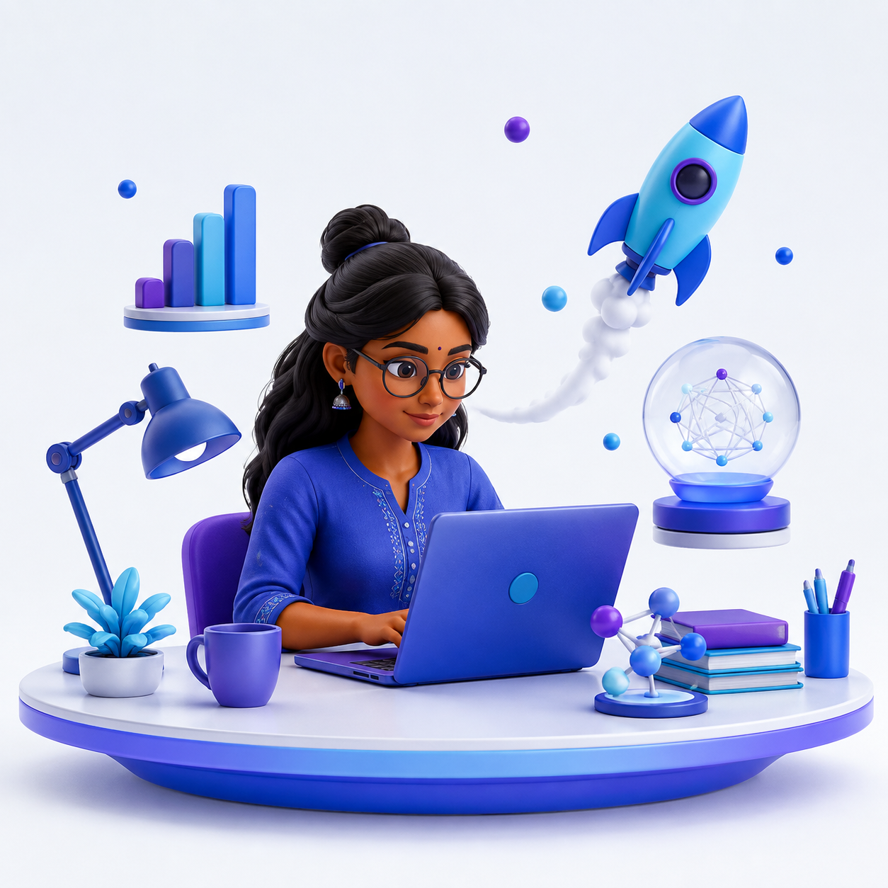 Original illustration of a technologist with a laptop, rocket and digital research tools.